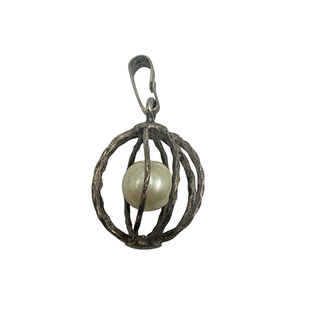 Vintage Sterling Silver 925 Brutalist Cage Faux Pearl Pendant Orb Charm